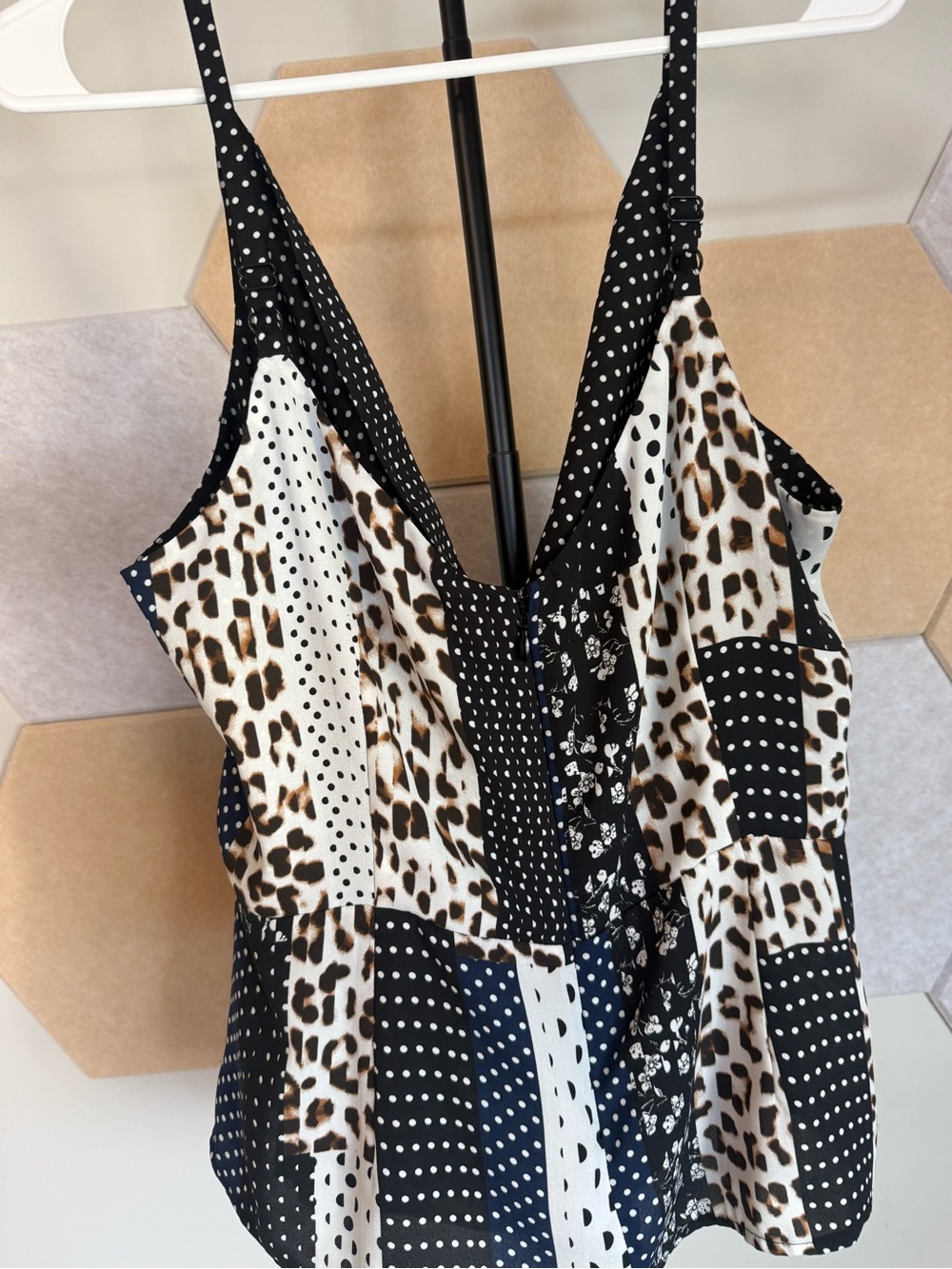 CAbi Black White and Brown Patchwork Leopard & Polka Dot Cami